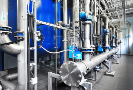 Large industrial water treatment and boiler room. Shiny steel metal pipes and blue pumps and valves
